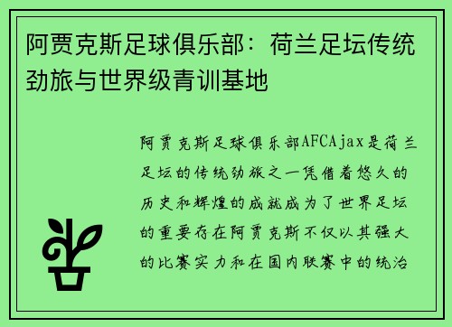 阿贾克斯足球俱乐部：荷兰足坛传统劲旅与世界级青训基地